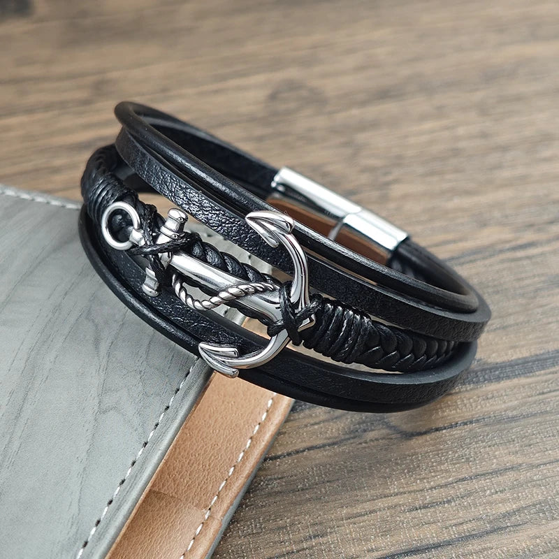Punk Arrow Entanglement Design Men Jewelry Leather Braided Bracelets Stainless Steel Black Bracelets Male Bangle - Image 1