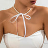 Imitation Pearl Choker Necklace with Long Ribbon Bow Tie - Image 4