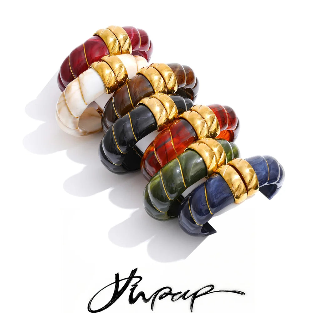 Exclusive Multi-Color Acrylic Resin Wide Statement Bracelet Bangle Stainless Steel Autumn Winter Sweater Wrist Jewelry - Image 1