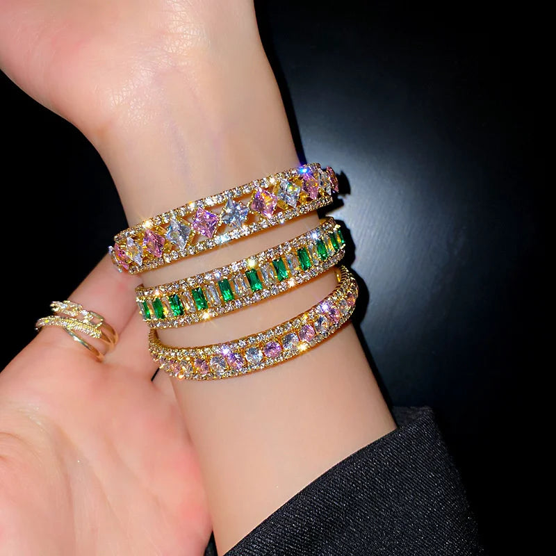Geometric Zircon Bracelet Bangles For Women Pink Green Cuff Bracelets Weddings Party Jewelry - Image 1