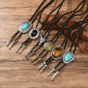 Vintage Artistic Bolo Tie Necklace Antique Silver Turquoise Inlaid Vintage Turquoise Pendant Round Disc Personality - Image 2
