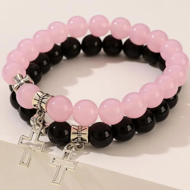 2Pcs/Set Pink Crystal Beads Bracelet Couple Lovers Stone Cross Bracelets for Women Men Wedding Jewelry Gift - Image 1