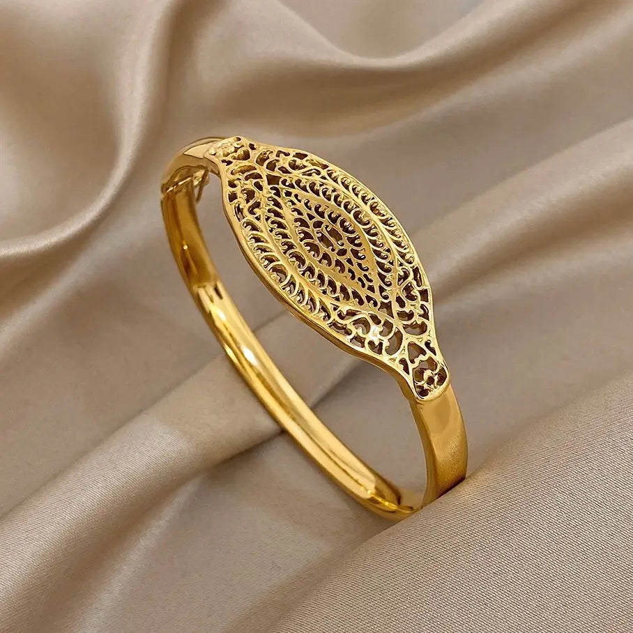 Vintage Geometric Hollow Carved Cuff Bracelet for Women Chic Gold Plated Stainless Steel Wrist Bangle Jewelry - Image 1