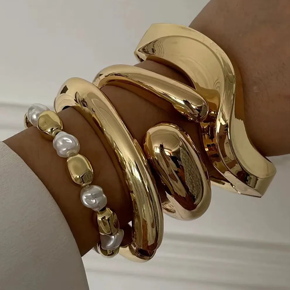 Vintage Metal Irregular Wave Twist Bracelet for Women Gold Color Exaggerated Chunky Cuff Bangle Hip Hop Party Punk Jewelry Gift - Image 1