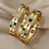Stainless Steel Large Green Zircon Gold Plated Bracelet Rhinestone Layered Cuff Bracelet Jewelry - Image 1