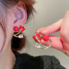 Imitation Pearl Crystal Black Red Tulip Flower Curved Back Hang Post Stud Earrings Two in One Jewelry Birthday Girl Gift - Image 2