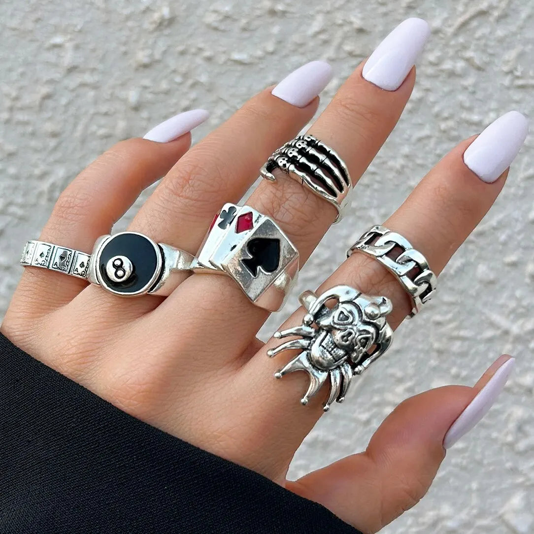 Hip Hop Vintage Skull Ghost Claw Poker Clown Ring Set for Women Hollow Geometric Size 8 Jewelry Steampunk Men - Image 1
