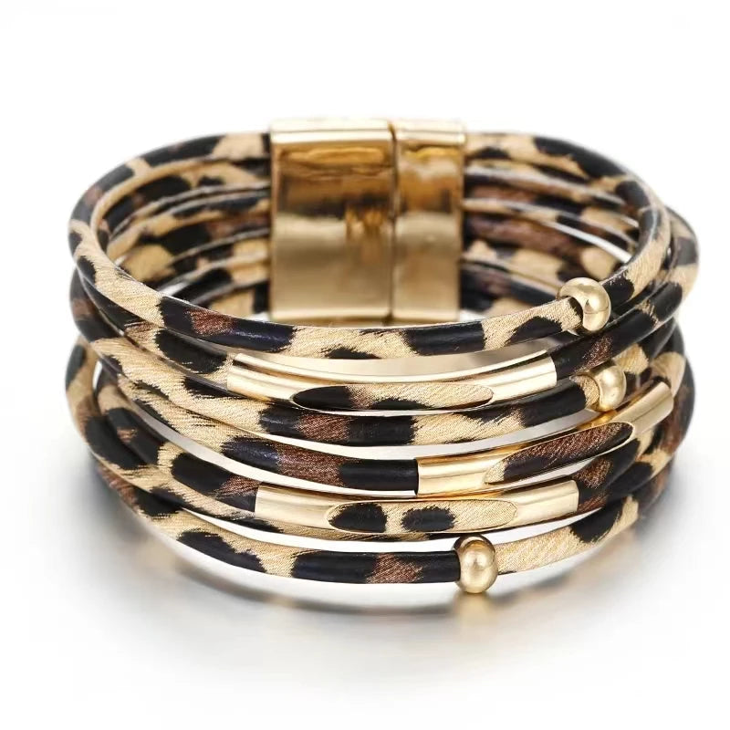 Vintage Metal Tube Leopard Leather Bracelet For Women Men Boho Multilayer Wrap Wide Bracelet Charm Jewelry - Image 1