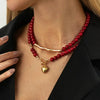 Salircon Red Acrylic Beaded Chain Love Heart Pendant Necklace Women Doublelayer OT Clavicle Chain Daily Wear Jewelry - Image 2