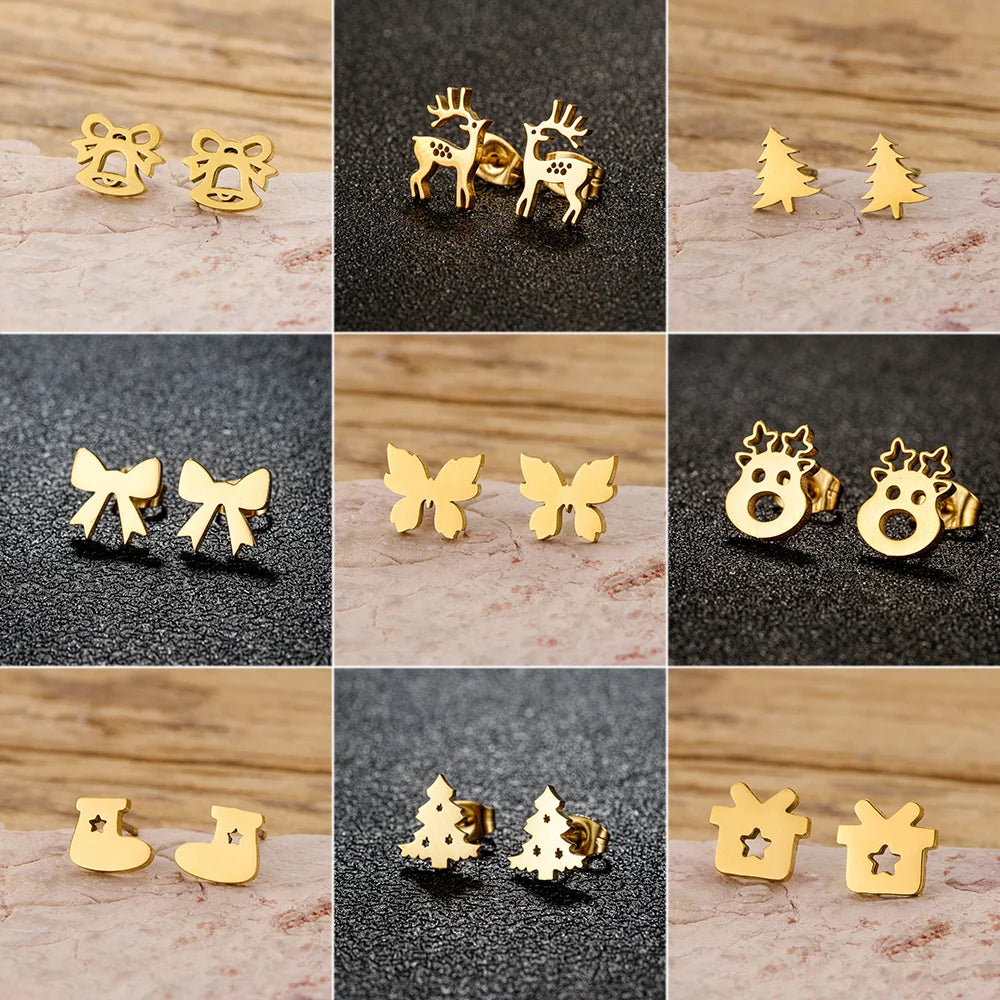 1 Pair Bowknot Christmas Tree Elk Jingle Bell Stud Earring for Women Stainless Steel Earrings Jewelry Xmas Gift - Image 1