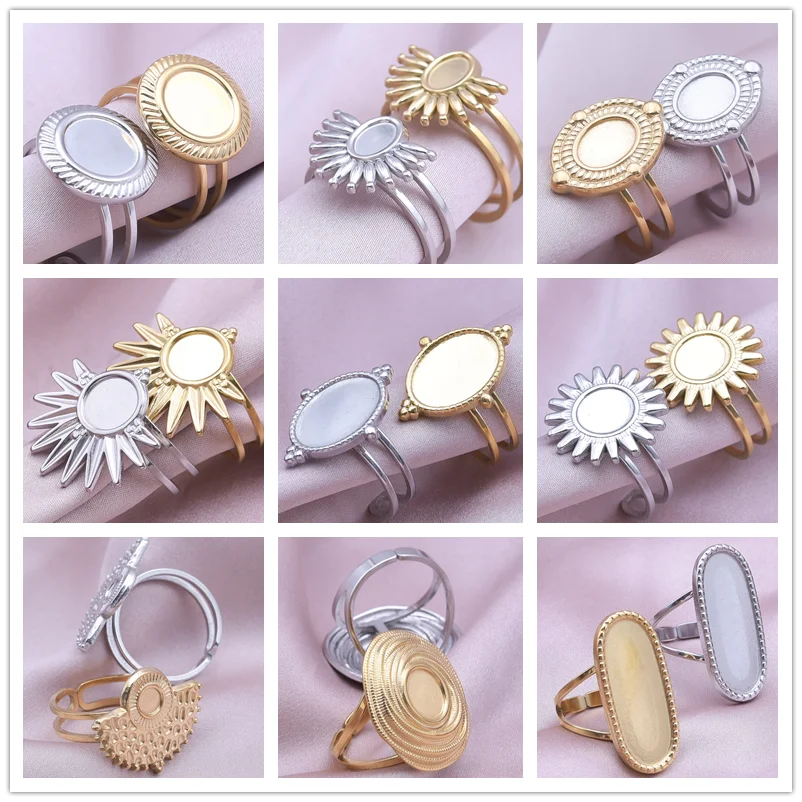 1/2pcs Mix Silver/Gold Color Oval Flower Sun Ring Stainless Steel Rings For Women Men Accessories Round Blank Cobochons Settings - Image 1