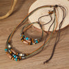 Ethnic 2pcs/Set Multi-layer Vintage Wood Beads Pendant Leather Beaded Weaved Prayer Necklace& Bracelet Jewelry Gifts - Image 1