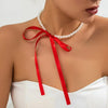 Imitation Pearl Choker Necklace with Long Ribbon Bow Tie - Image 7