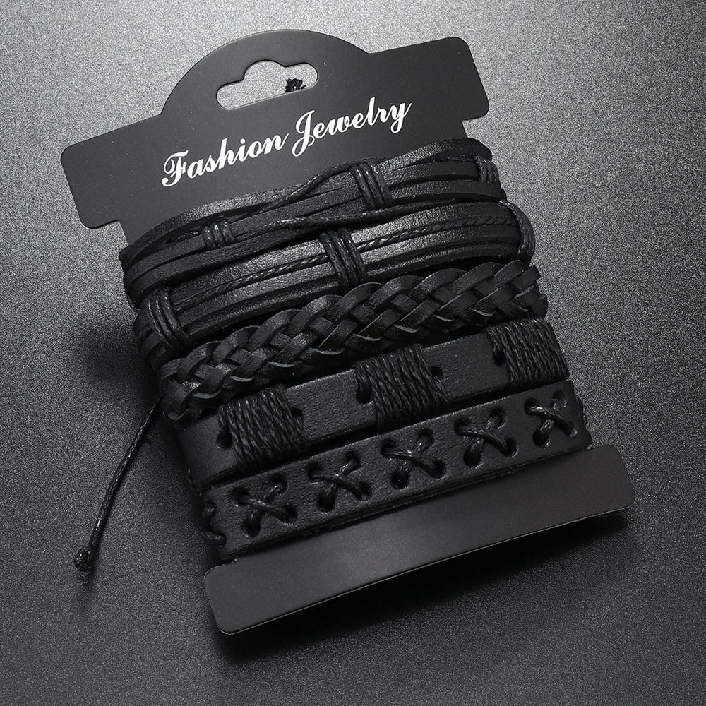 5pcs Punk rock black leather braid bracelet for men women - Image 1