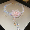 2pcs Imitation Pearl Crystal Tassel Earrings Pink Mesh Flower Pendant Necklace Temperament Women's Jewelry Set K - Image 4