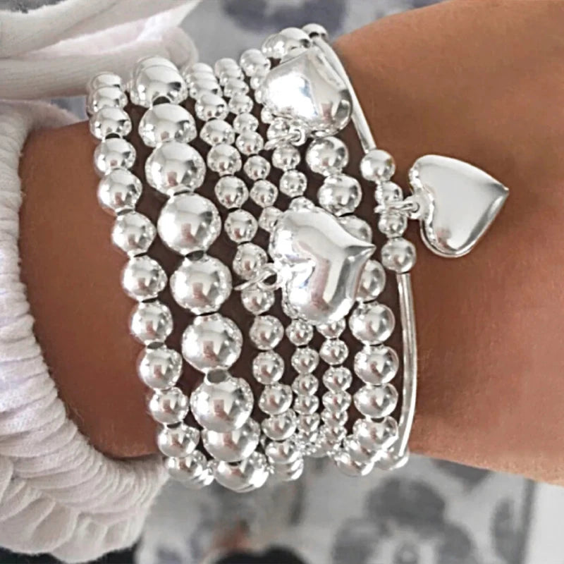 7Pcs/Set Chic Heart Charm Beaded Bracelet Set For Women Vintage Simple Silver Color Multi-Layer Bracelets Jewelry Gift - Image 1