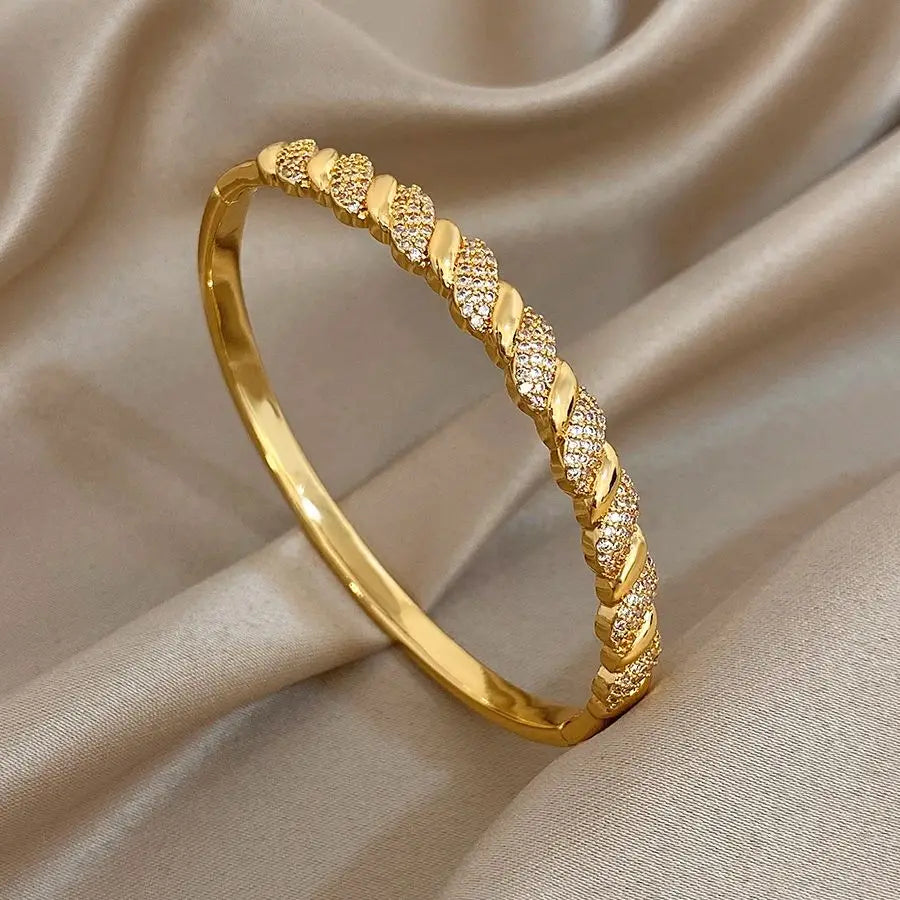 Geometric Twisted Micro Inlaid Zircon Cuff Bracelet for Women Gold Plated Copper Stacked Bangle Bracelets Jewelry Gifts - Image 1