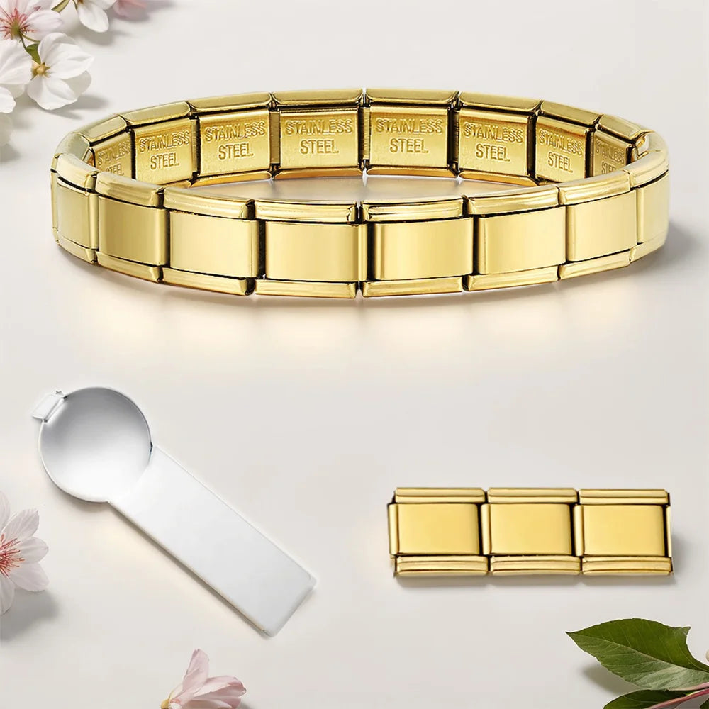 Women Men Simple Bangles Charms Italian Links Stainless Steel 9mm Width Gold Color Bracelets Jewelry Gifts - Image 1