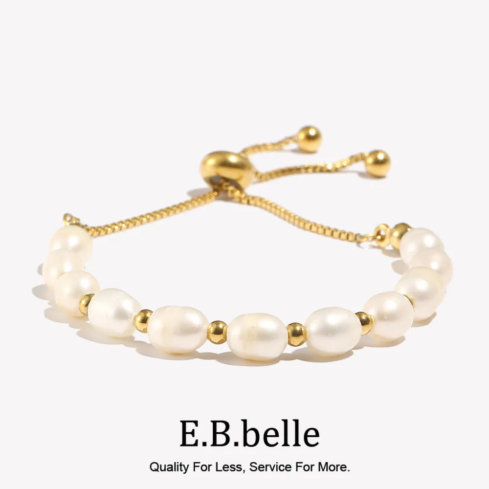 Gold Color Beads Freshwater Pearls Mixed Adjustable Stainless Steel Chain Bracelet Bangles For Women Elegant Jewelry - Image 1