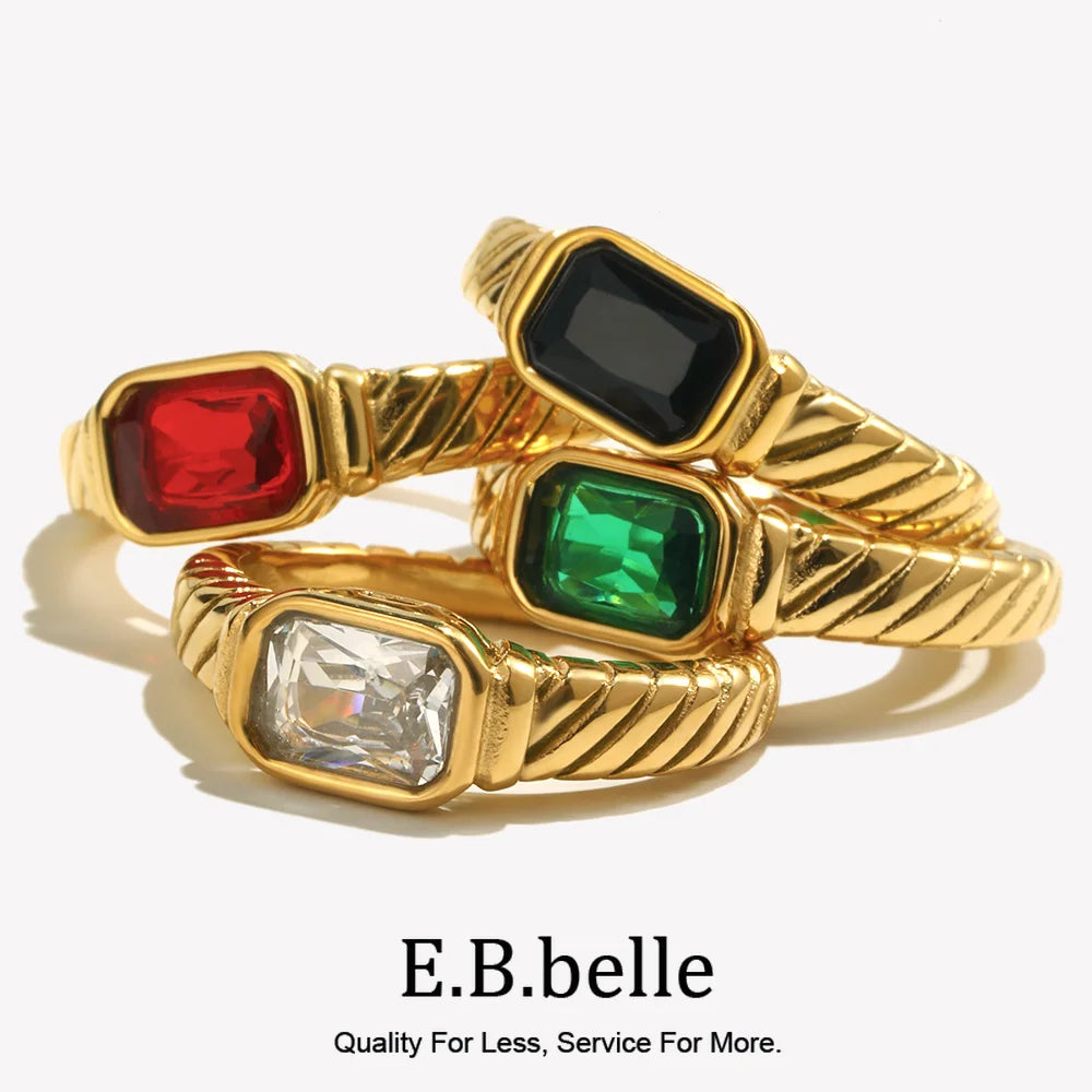 Thin Ring Band Texture Engraved Small Square Cubic Zirconia Stone Ring Black White Green Red Gemstone Ring - Image 1