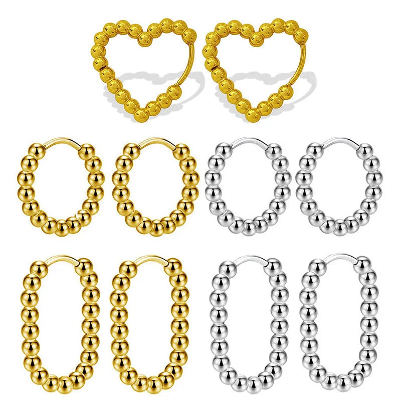 1 Pair Round Bead Design Hoop Earrings For Women Men Stainless Steel Ear Buckle Geometric Love Heart Oval Party Jewelry - Image 1