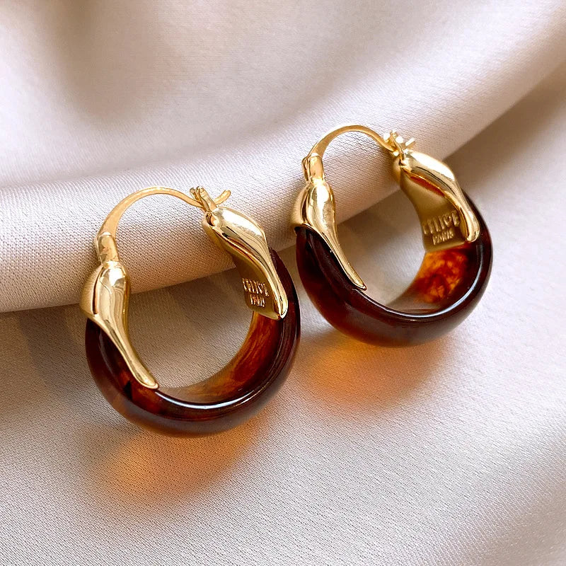 Vintage Maillard Colors Brown Resin Earrings for Women U-shaped Hoop Earrings Vintage Retro Gold Plated Daily Ear Jewelry Gifts - Image 1