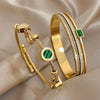 Retro Charm Stainless Steel Green Rhinestone Stone Cuff Bracelets Set for Women Cuff Bracelets Daily Party Gift - Image 9