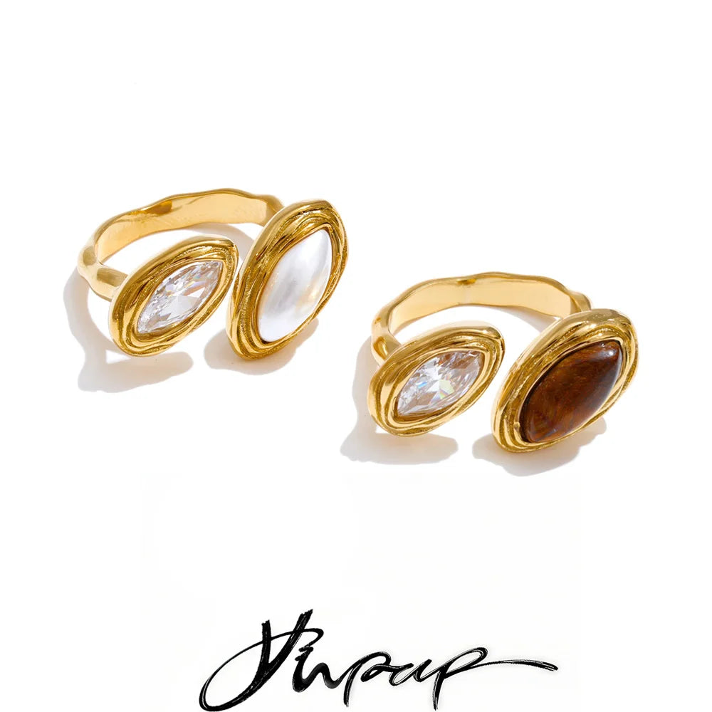 Adjustable Stainless Steel Ring Tiger Stone Simulated Pearls Zircon Golden Pvd Plated Chic Finger Jewelry - Image 1