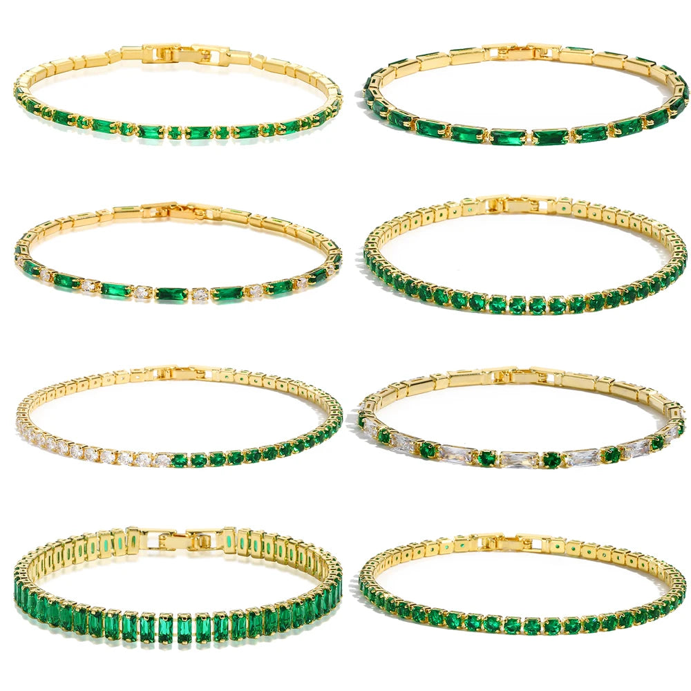 Emerald Cubic Zirconia CZ Tennis Bracelets for Women Gold Plated Charm Green Female Bangles Wedding Jewelry Gift - Image 1