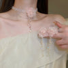 2pcs Imitation Pearl Crystal Tassel Earrings Pink Mesh Flower Pendant Necklace Temperament Women's Jewelry Set K - Image 1