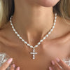 Pearl Cross Pendant Necklace Women Colorful Zircon Square Stud Earrings Elegant Banquet Dress Jewelry Set Accessories - Image 7