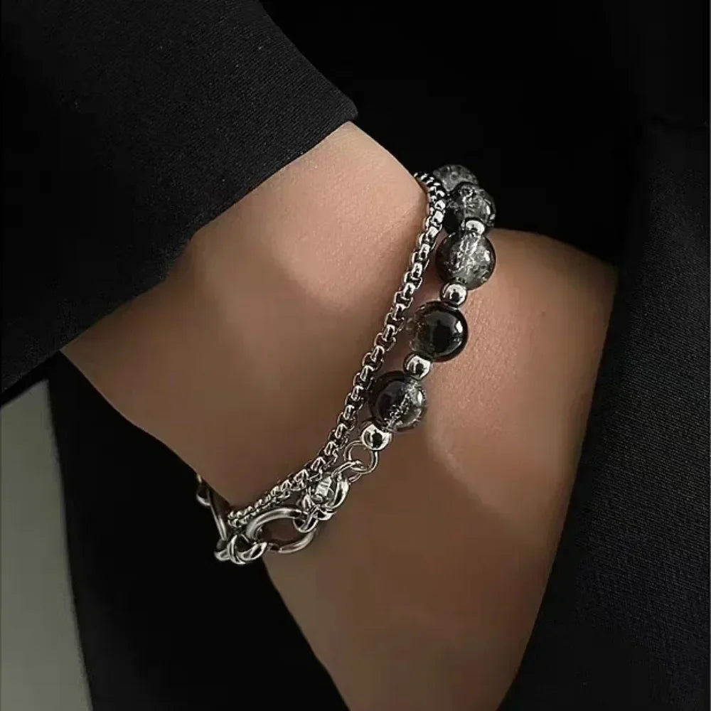 Black Double-Layer Bead Bracelet with Stainless Steel Chain and 15 to 20 cm Length - Image 1