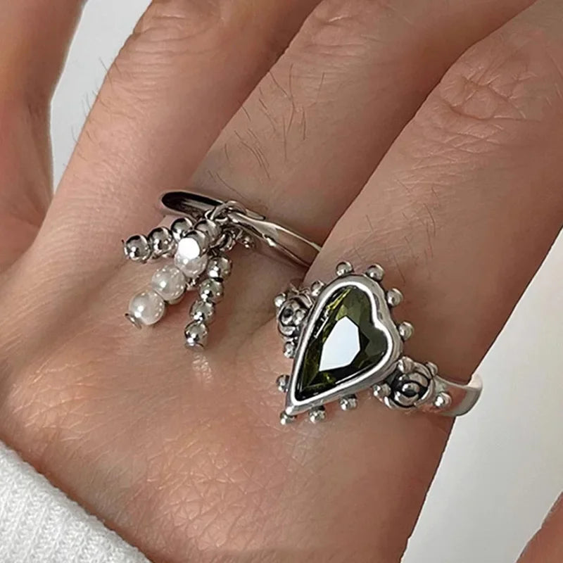 Xinyi Vintage Punk Green Zircons Party Rings for Women Couples Creative Tassel Geometric Handmade Party Jewelry - Image 1
