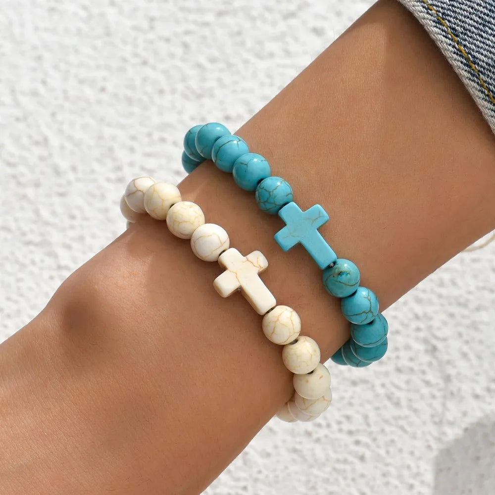 8mm Beads Religious Cross Bracelet for Women Men Natural Turquoise Stone Elastic Link Prayer Bracelet for Boy Girls - Image 1