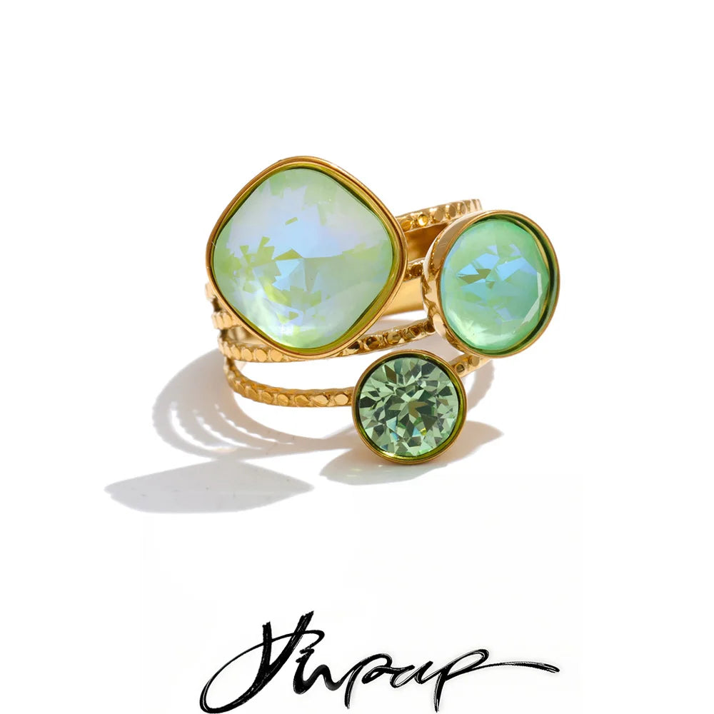 Multi-Color Crystal Square Round Adjustable Ring for Women Gold Color Pvd Plated Shiny Jewelry - Image 1