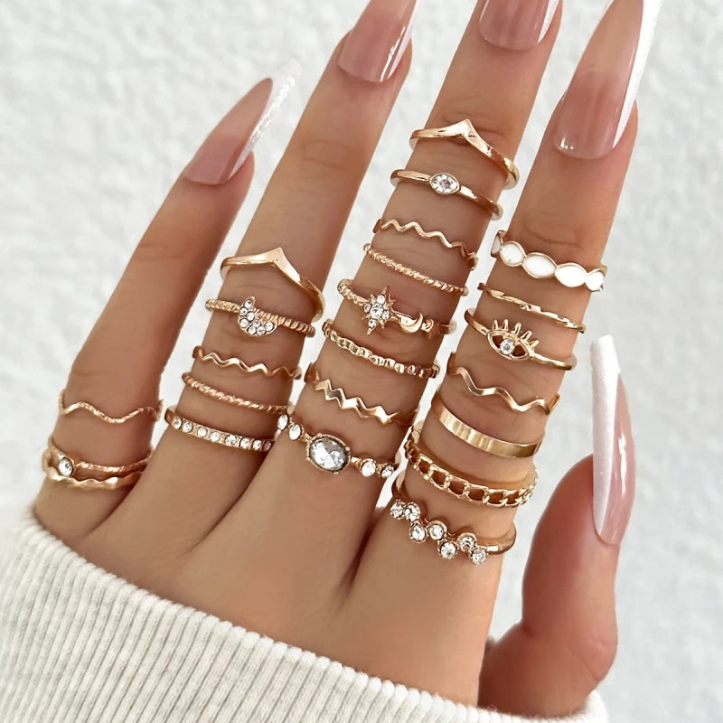 23Pcs Vintage Crystal Star Moon Rings Set For Women Geometric Hollow Ring Wedding Party Jewelry Accessories - Image 1