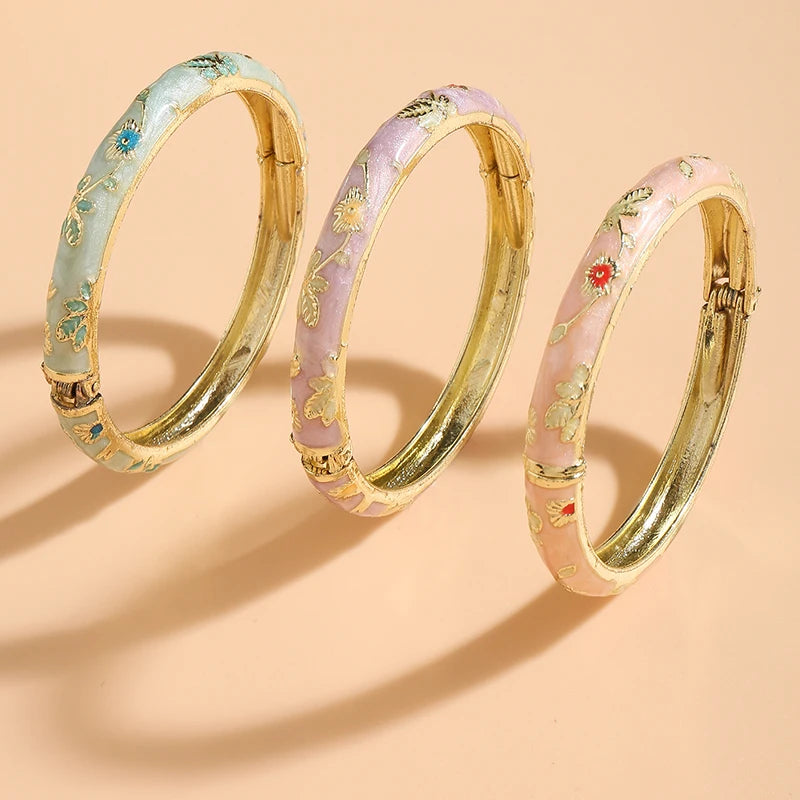 Three-Piece Enamel Flower Bracelet Set in Gold-Tone - Image 1