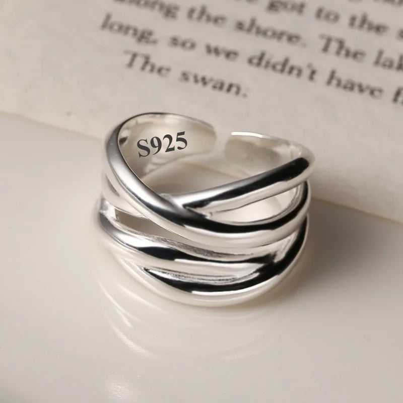 Vintage Silver Open Rings for Women Geometric Handmade Irregular Line Cross Ring Party Wedding Jewelry Gift - Image 1