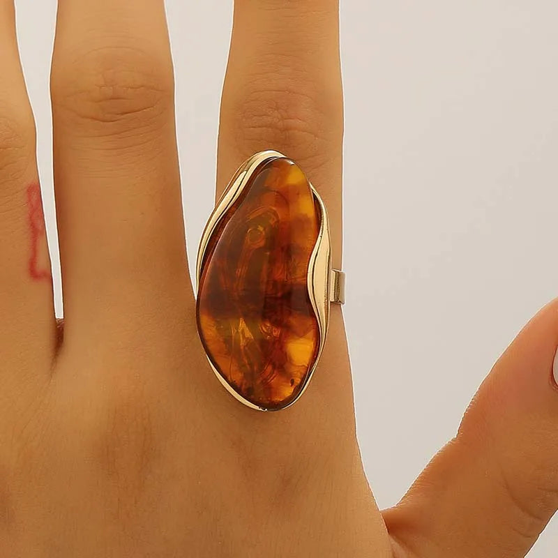 Brown Green Beige Resin Geometric Adjustable Ring Vintage Gold Color Open Finger Rings for Women Jewelry Gift - Image 1