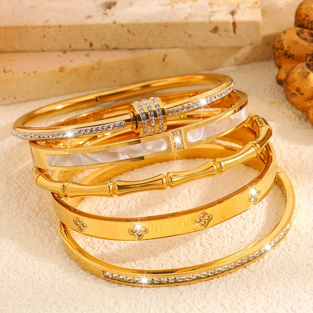 Classic Women's Stainless Steel Bracelets Set Multiple Gold Color Bangles Jewelry Accessory Gift - Image 1