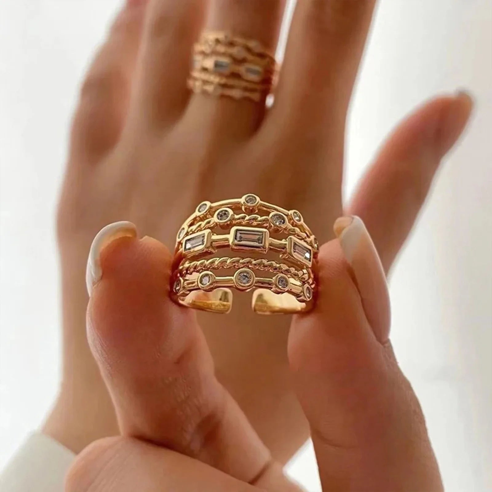 Hollow Sun Ring with Natural Stone in Gold-Tone - Image 1