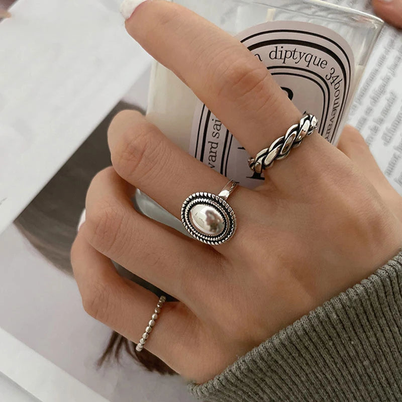 Silver Rings Couples Accessories Vintage Twist Design Round Shape Geometric Thai Silver Jewelry - Image 1