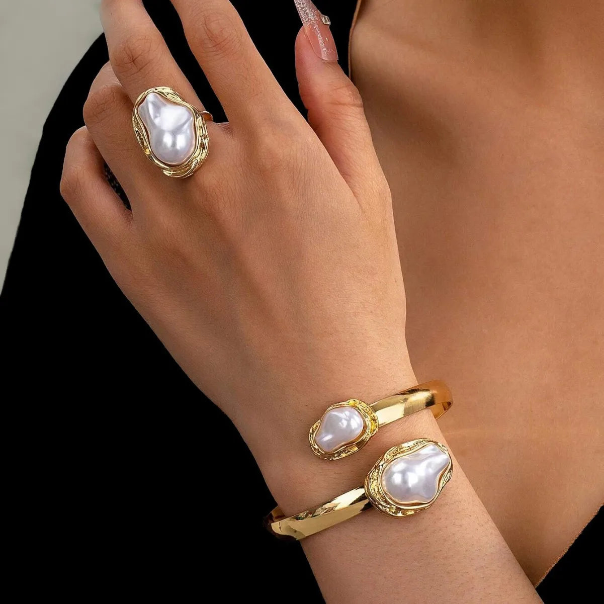 Simple Imitation Pearl Opening Adjustable Bracelet Ring Set For Women Gold Color Irregular Pearl Jewelry Party Wedding Gifts - Image 1