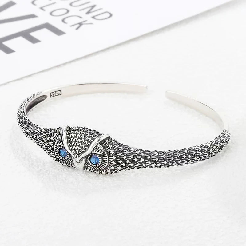 Retro Thai Silver Shiny Zircon Owl Silver Resizable Opening Bracelet For Women - Image 1