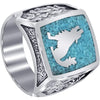 Mens Southwestern Style Turquoise Gemstone Inlay Howling Wolf Silver Ring - Image 1