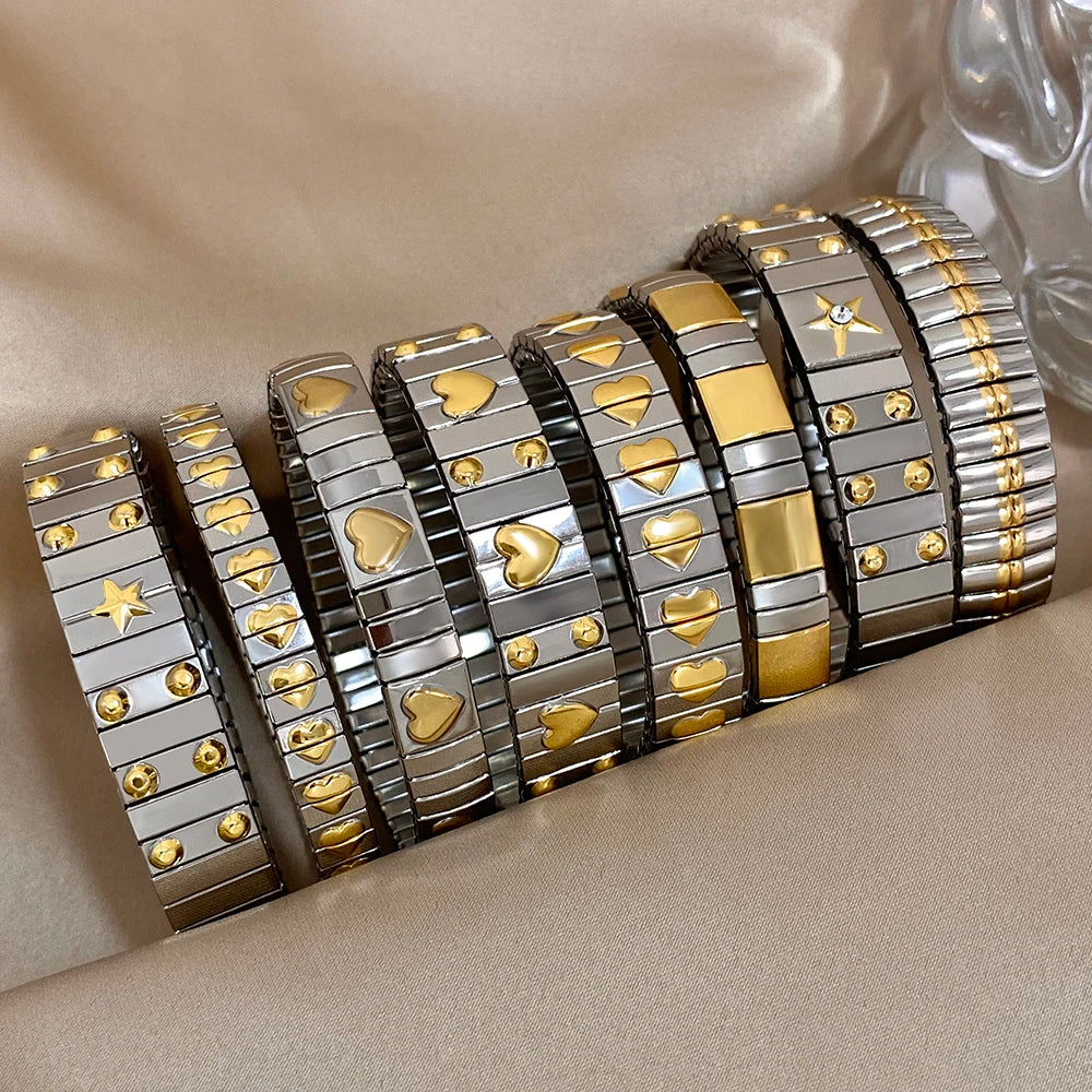 Vintage Elasticity Stainless Steel Bangles Bracelet for Women Classic Heart Square Adjustable Wristband Bangle - Image 1