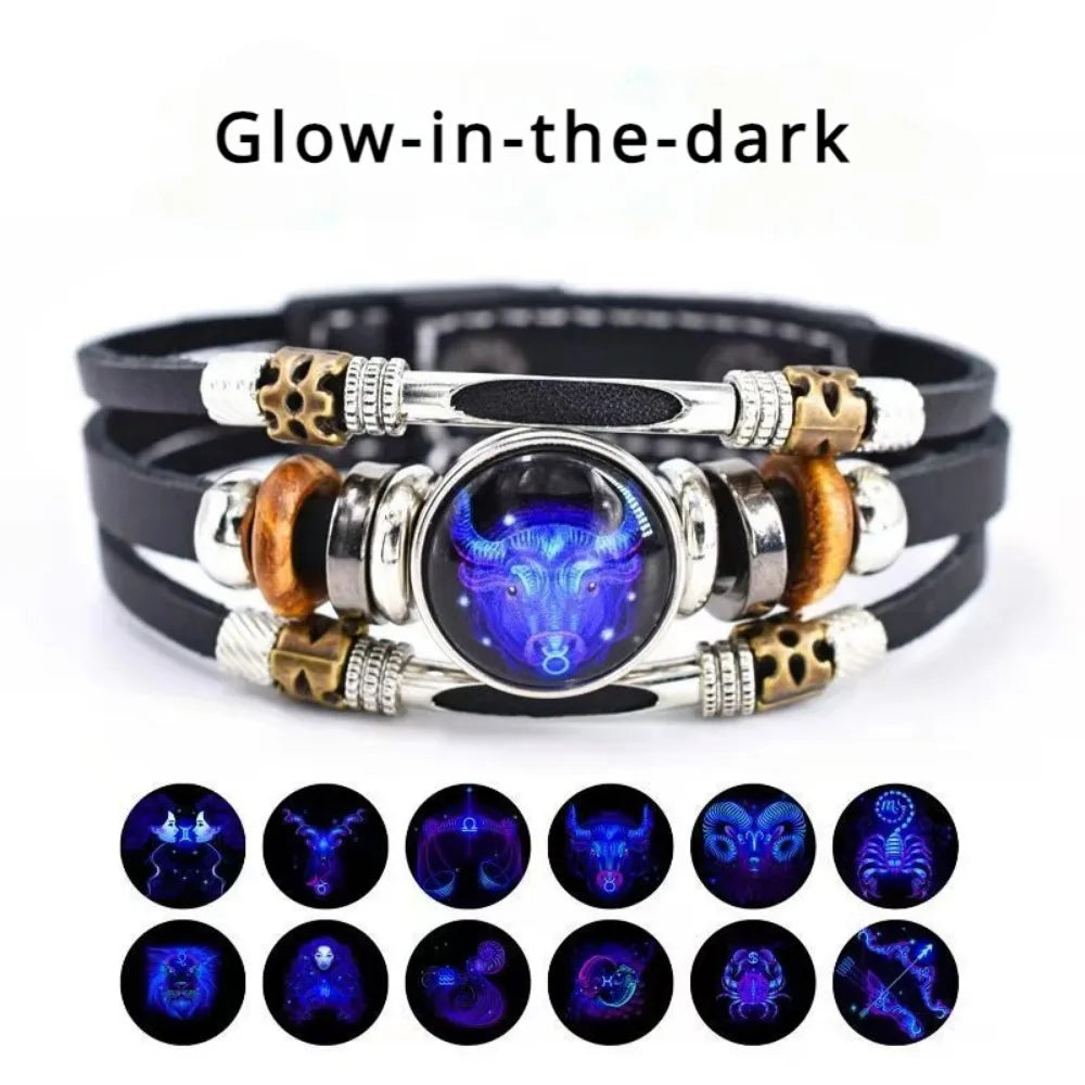 Constellations Luminous Leather Bracelet Retro Multi-layer Beaded Leather Bracelet Jewelry Gifts for Men Women Couples - Image 1