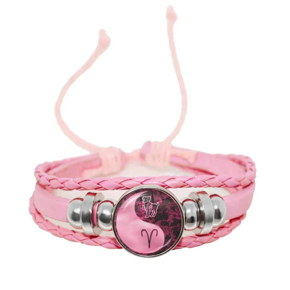 12 Zodiac Signs Yin Yang Bracelets Constellation Glass Cabochon Pink Leather Bangle Women Girls Birthday Gifts - Image 1