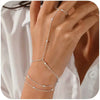 Multi-Layer Bead Chain Bracelet with Finger Ring Connector in Gold-Tone or Silver-Tone - Image 1