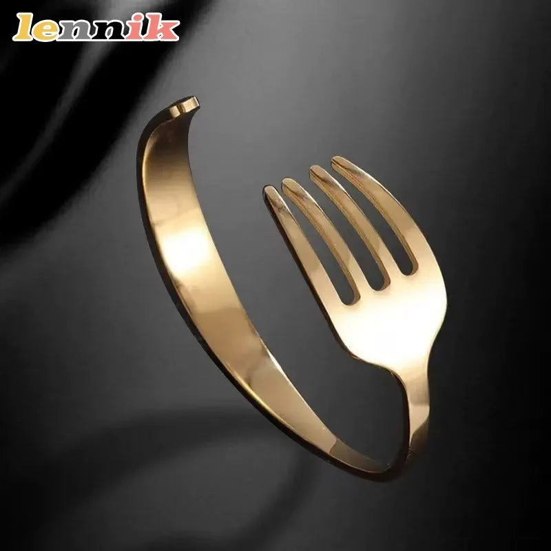 Lennik Creative Stainless Steel Fork Bracelet, Adjustable C-Shaped Open Bangle, Versatile Couple's Jewelry - Image 1